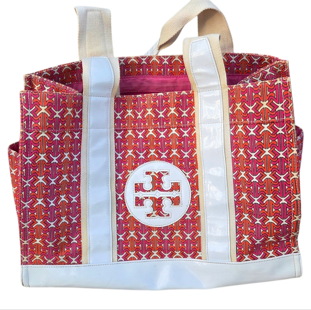Tory Burch - Large Ella Printed Tote Bag Pink Orange Logo Nylon Patent Trim - Picture 2 of 15